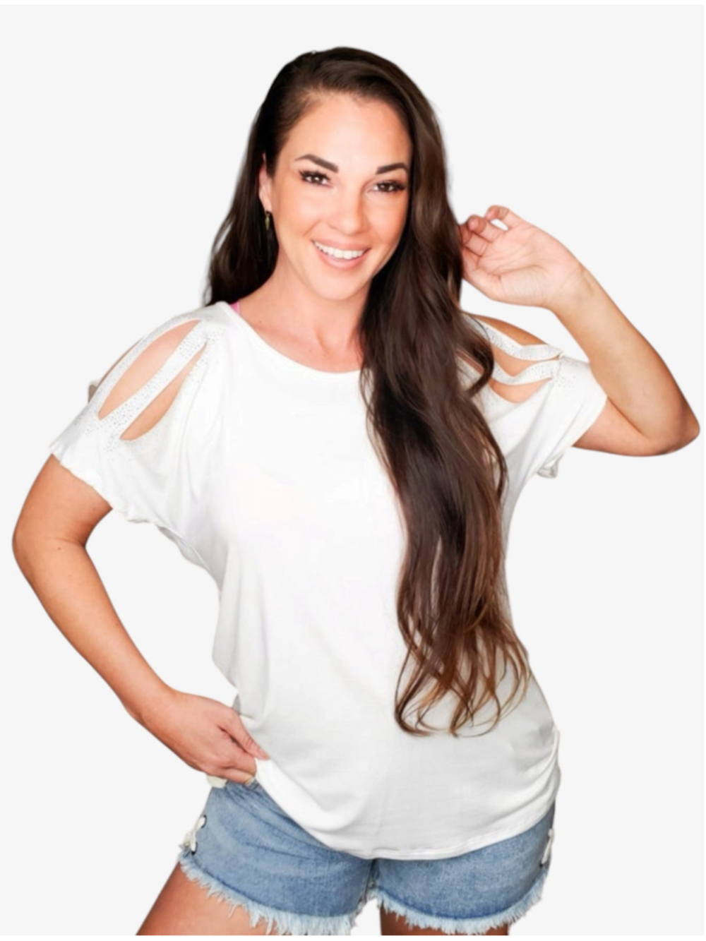 Women's VOCAL White Short Sleeve Tee with Silver Rhinestone Cutouts, Size L